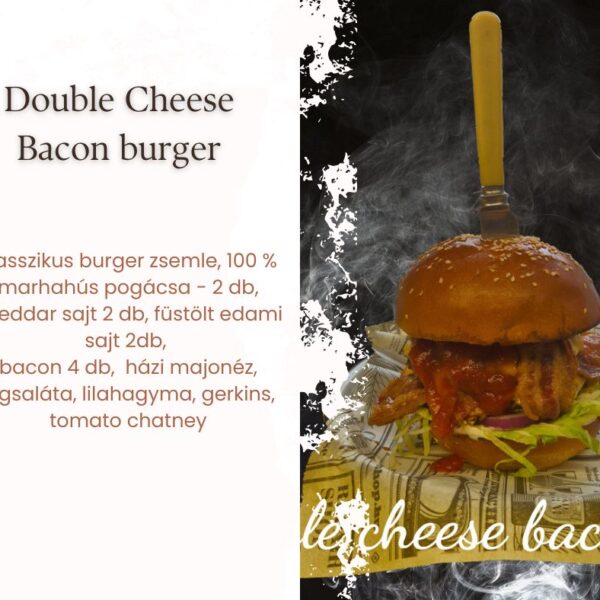 Double Cheese Bacon burger tálalva