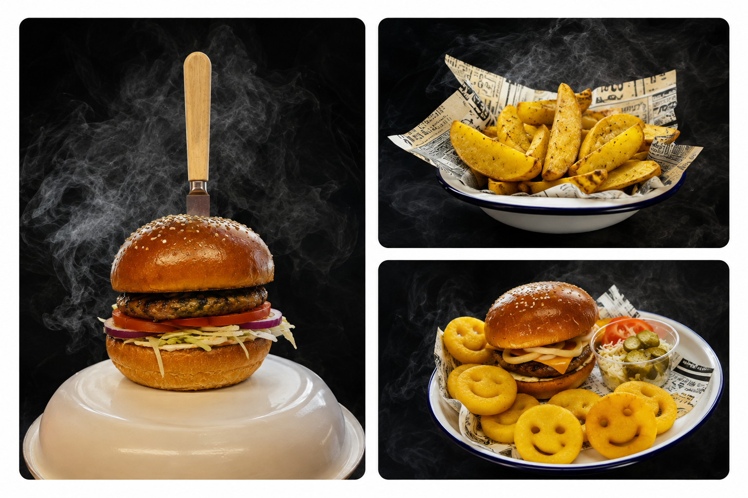 Classic burger fotója az összetevők felsorolásával: hamburger zsemle, 100% marhahúspogácsa, jégsaláta, paradicsom, lilahagyma, ketchup, házi majonéz